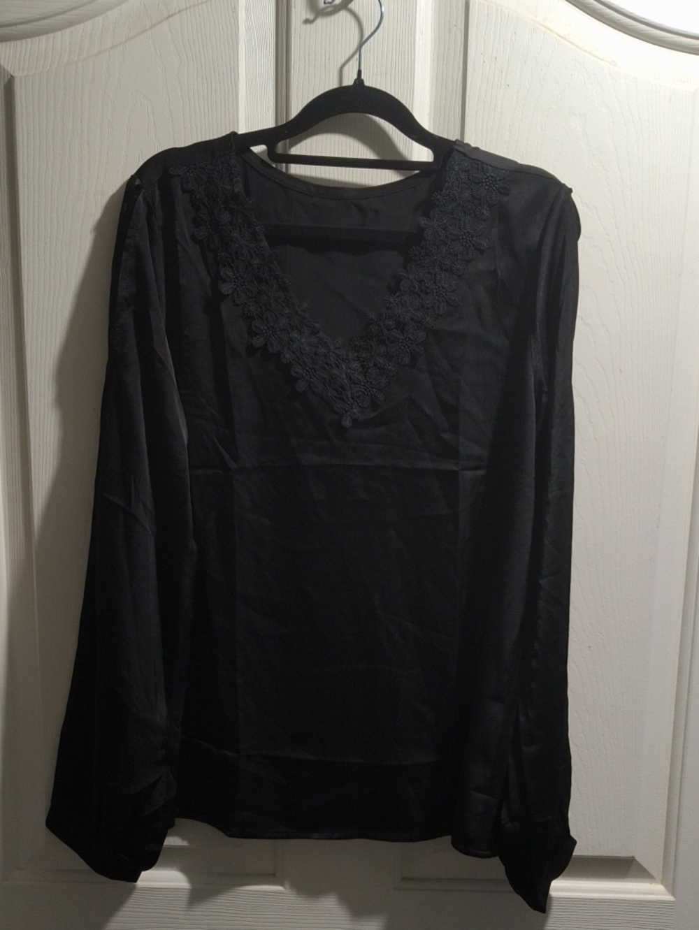 Black Long Sleeve V-Neck Blouse with Lace Trim